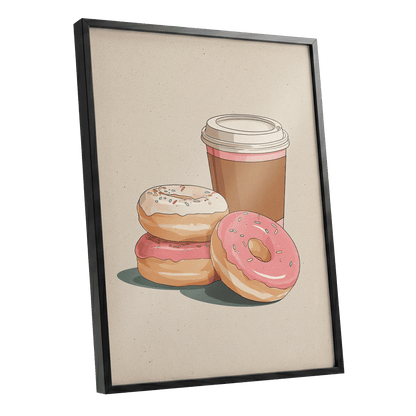 Coffee & Doughnuts, beige, brown, pink minimalist wall art shown as a black framed poster wall art print