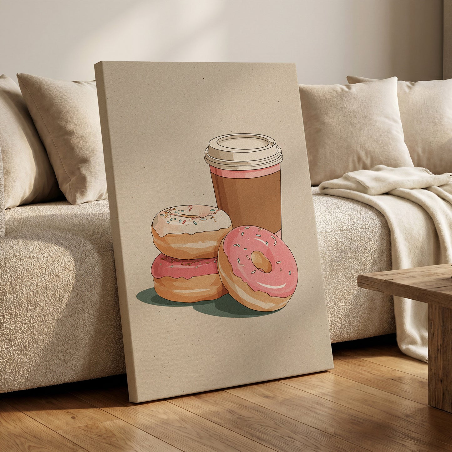 Coffee & Doughnuts, beige, brown, pink minimalist wall art on canvas displayed in a styled interior, gallery view 1