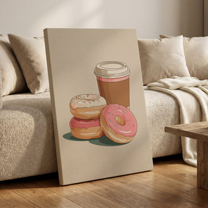 Coffee & Doughnuts, beige, brown, pink minimalist wall art on canvas displayed in a styled interior, gallery view 1
