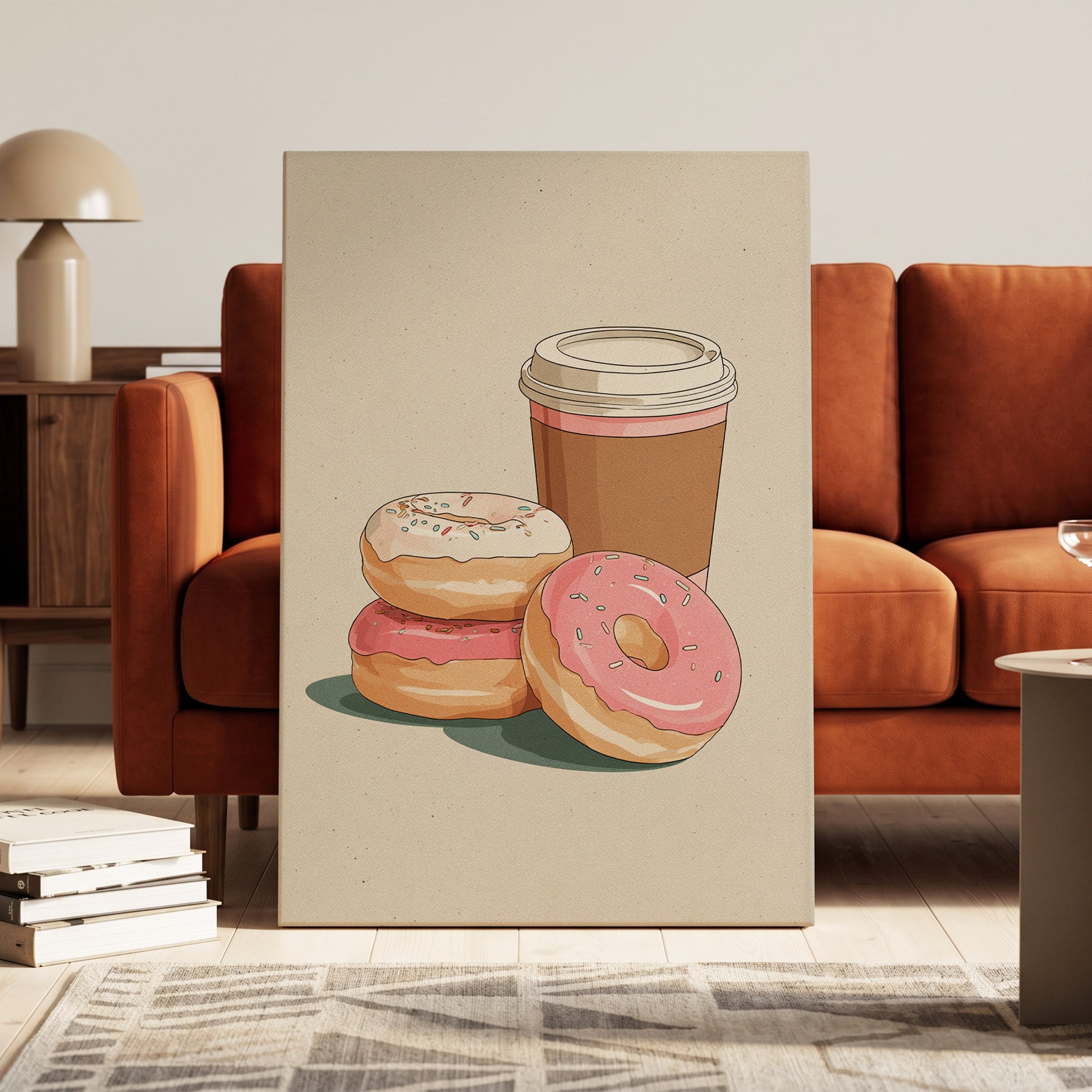 Coffee & Doughnuts, beige, brown, pink minimalist wall art on canvas displayed in a styled interior, gallery view 2