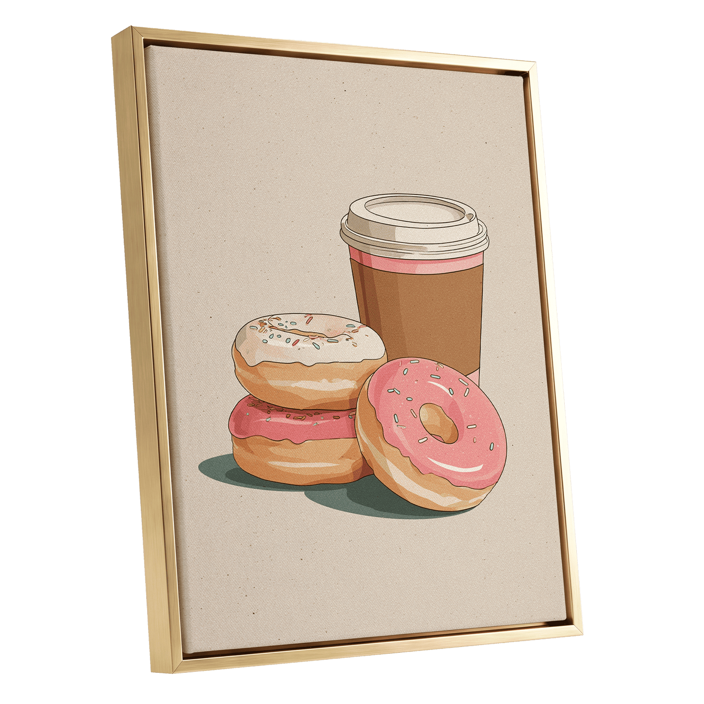Coffee & Doughnuts, beige, brown, pink minimalist wall art shown as a gold framed canvas wall art