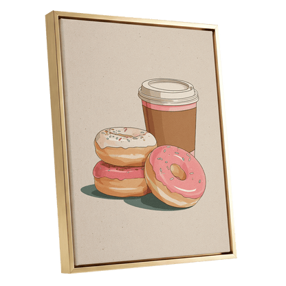 Coffee & Doughnuts, beige, brown, pink minimalist wall art shown as a gold framed canvas wall art
