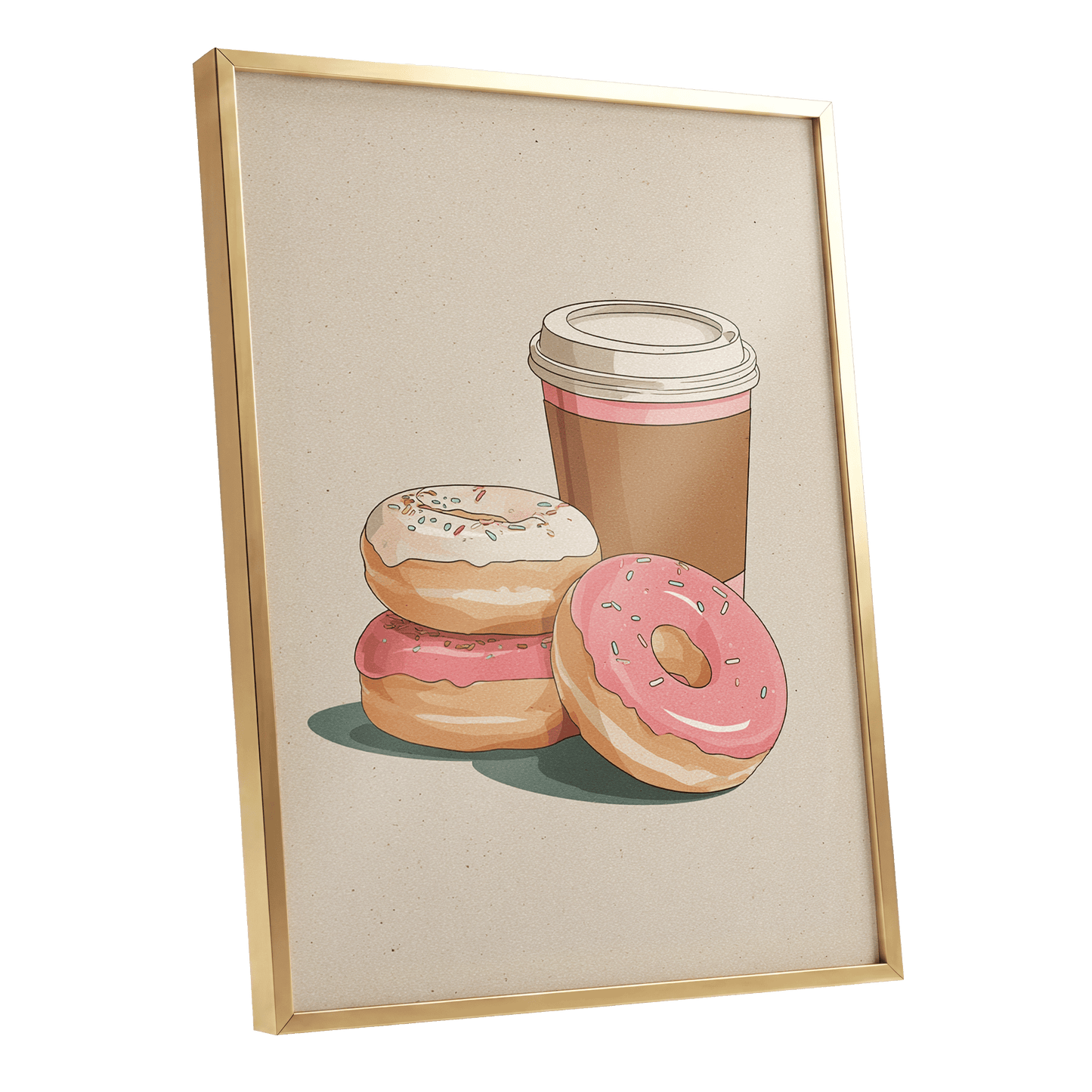Coffee & Doughnuts, beige, brown, pink minimalist wall art shown as a gold framed poster wall art print