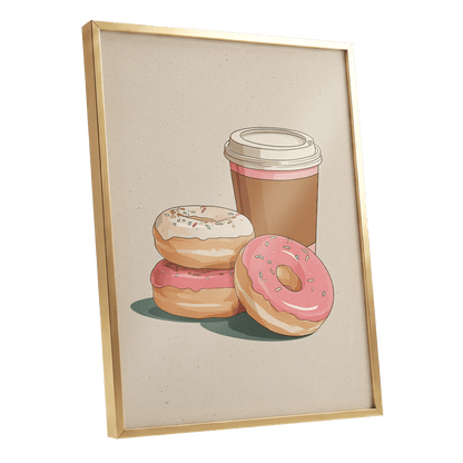 Coffee & Doughnuts, beige, brown, pink minimalist wall art shown as a gold framed poster wall art print