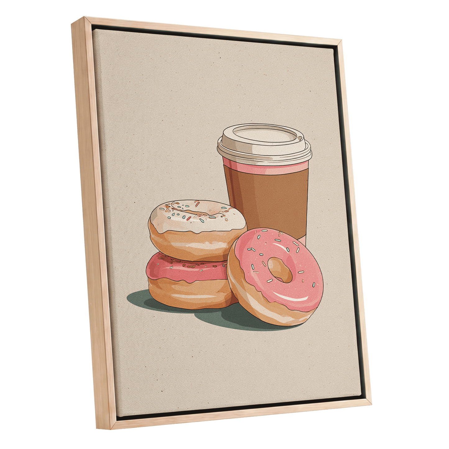 Coffee & Doughnuts, beige, brown, pink minimalist wall art shown as a oak framed canvas wall art