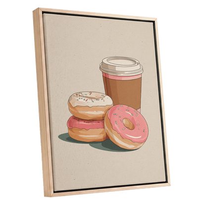 Coffee & Doughnuts, beige, brown, pink minimalist wall art shown as a oak framed canvas wall art