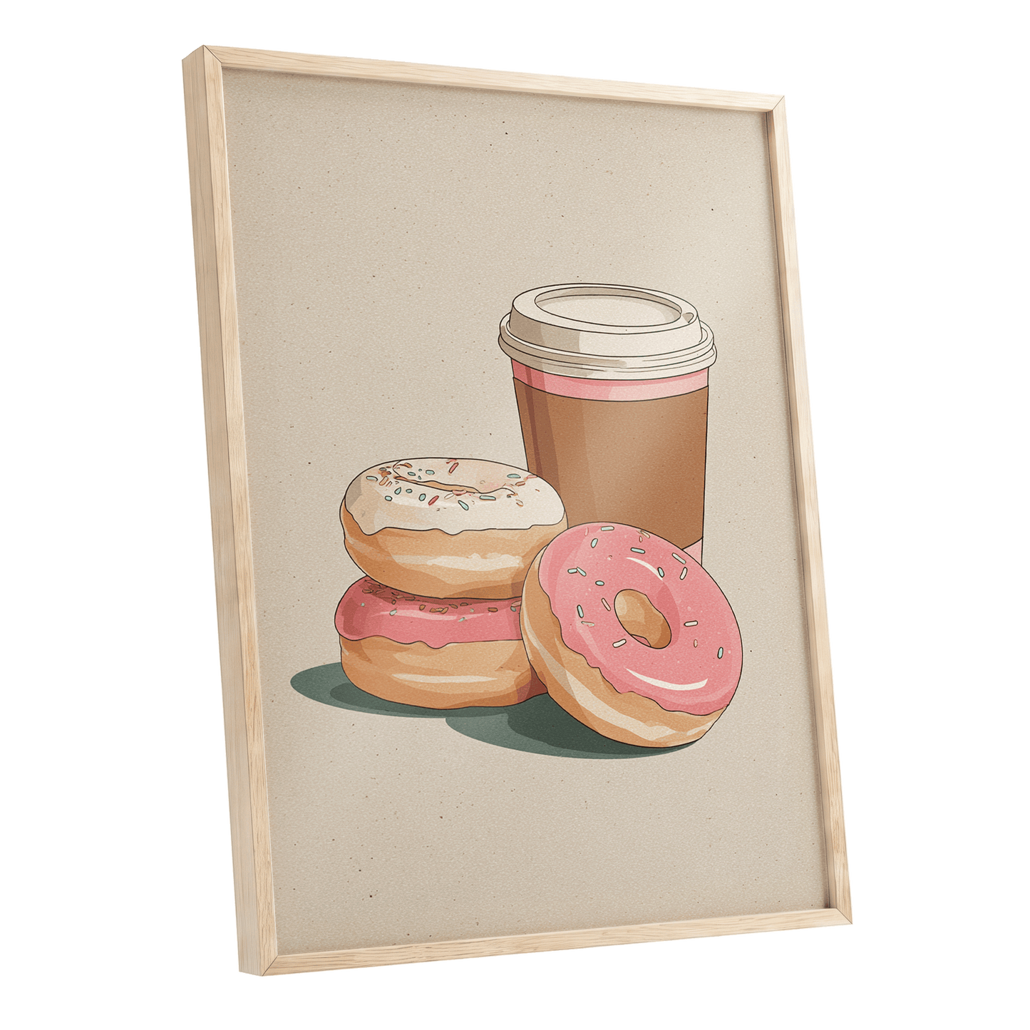 Coffee & Doughnuts, beige, brown, pink minimalist wall art shown as a oak framed poster wall art print