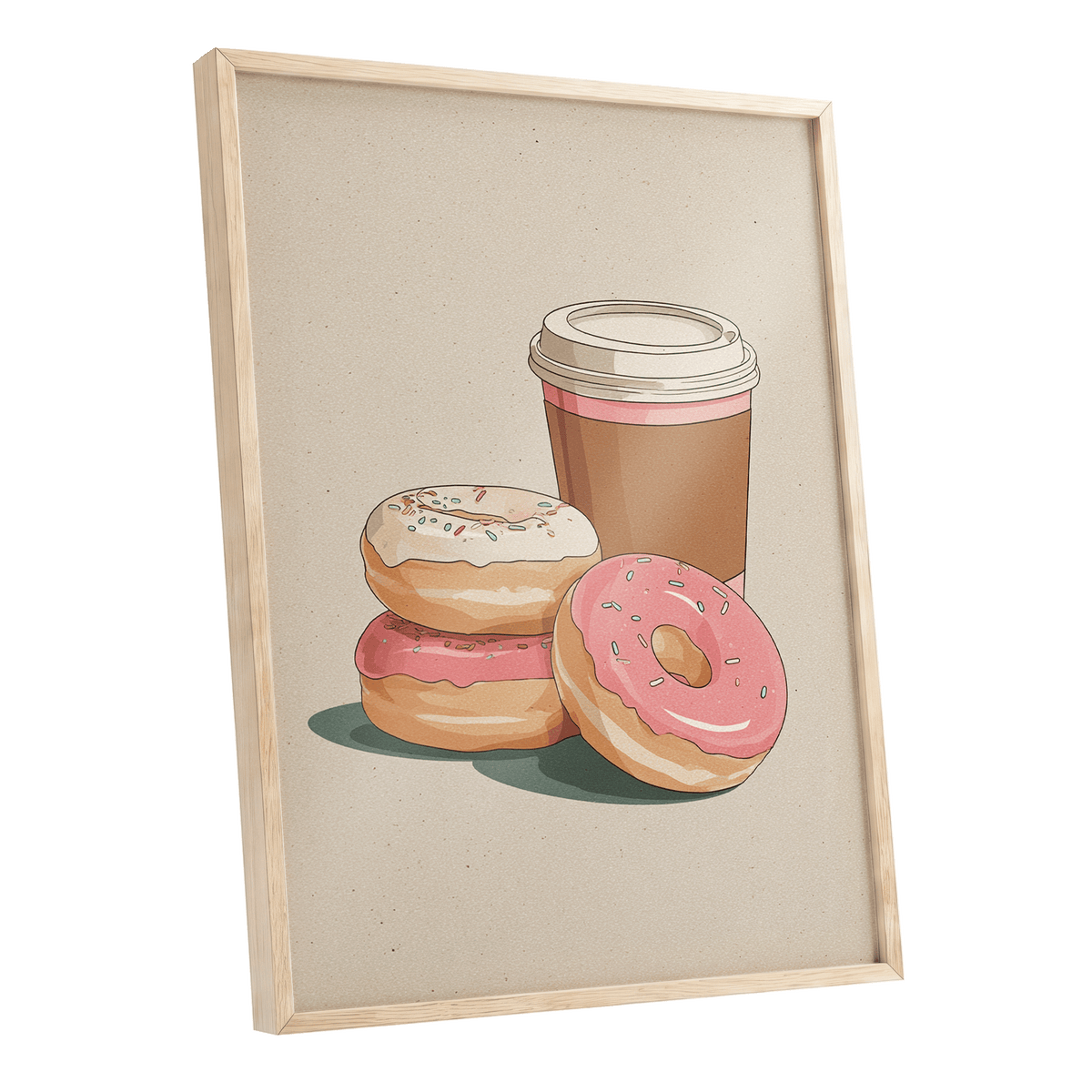 Coffee & Doughnuts, beige, brown, pink minimalist wall art shown as a oak framed poster wall art print