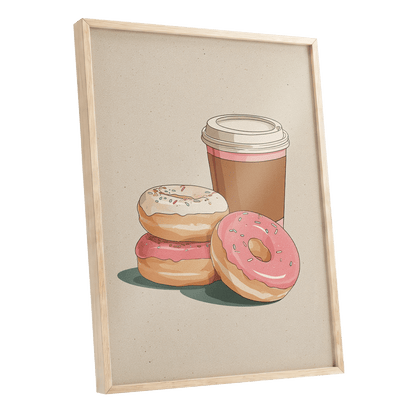 Coffee & Doughnuts, beige, brown, pink minimalist wall art shown as a oak framed poster wall art print