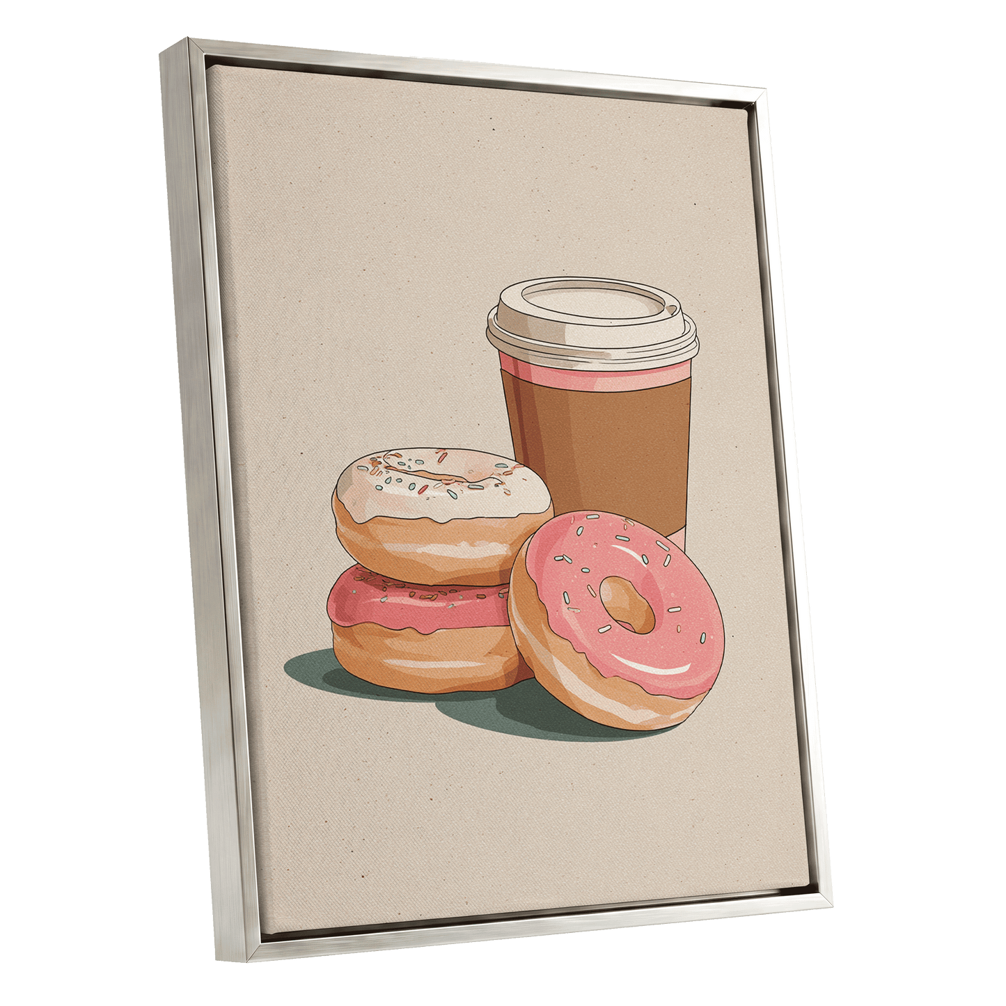 Coffee & Doughnuts, beige, brown, pink minimalist wall art shown as a silver framed canvas wall art