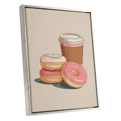 Coffee & Doughnuts, beige, brown, pink minimalist wall art shown as a silver framed canvas wall art