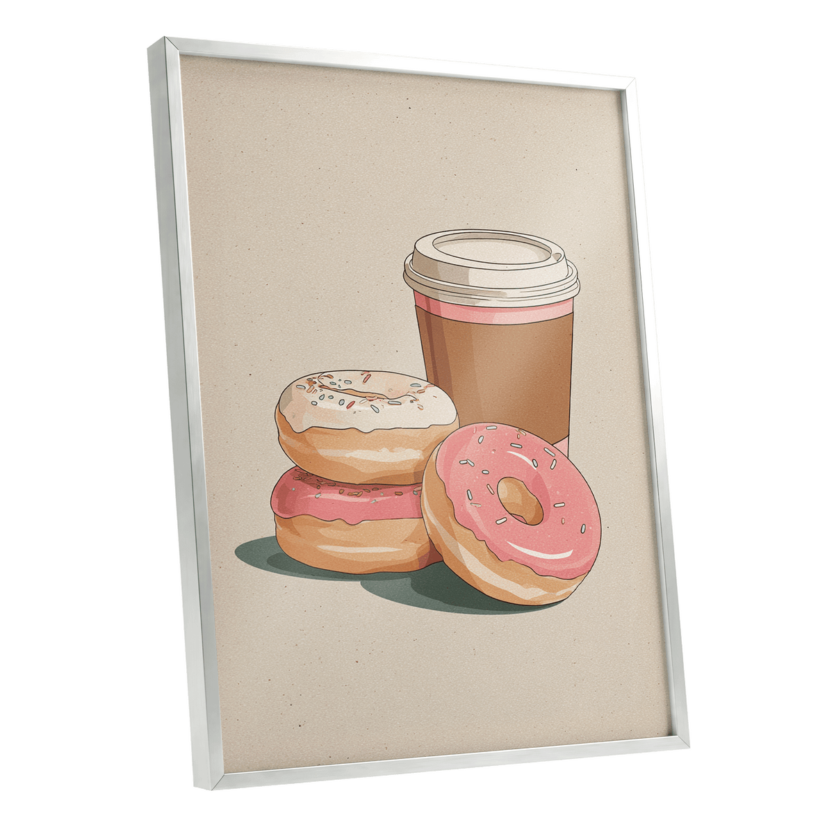 Coffee & Doughnuts, beige, brown, pink minimalist wall art shown as a silver framed poster wall art print