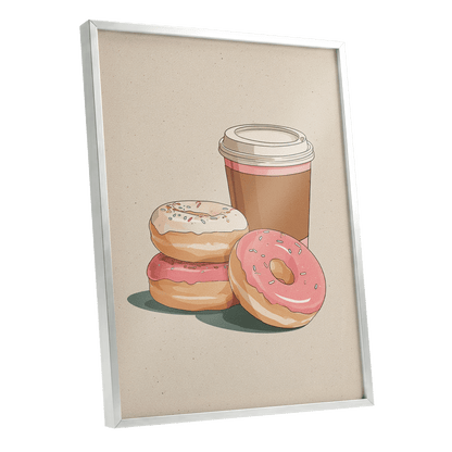Coffee & Doughnuts, beige, brown, pink minimalist wall art shown as a silver framed poster wall art print
