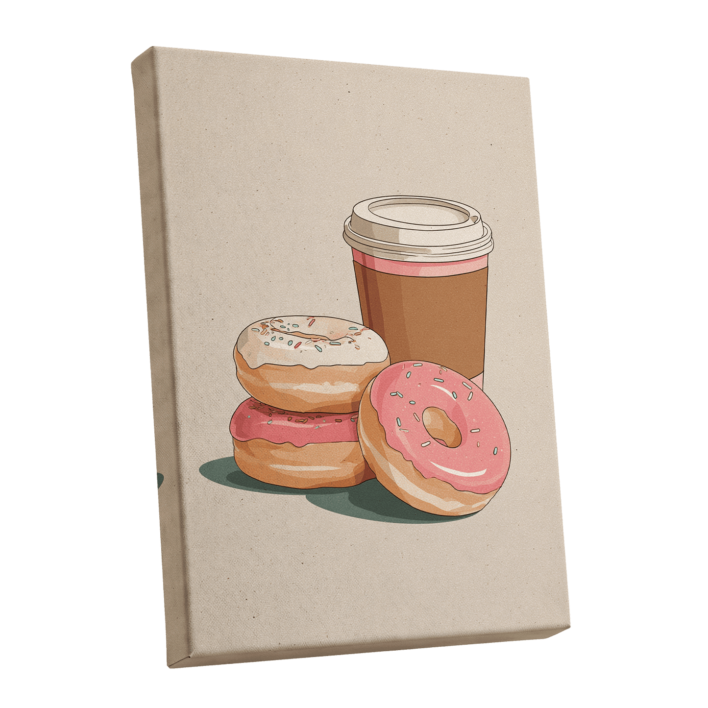 Coffee & Doughnuts, beige, brown, pink minimalist wall art shown as a stretched canvas wall art