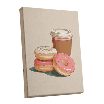 Coffee & Doughnuts, beige, brown, pink minimalist wall art shown as a stretched canvas wall art