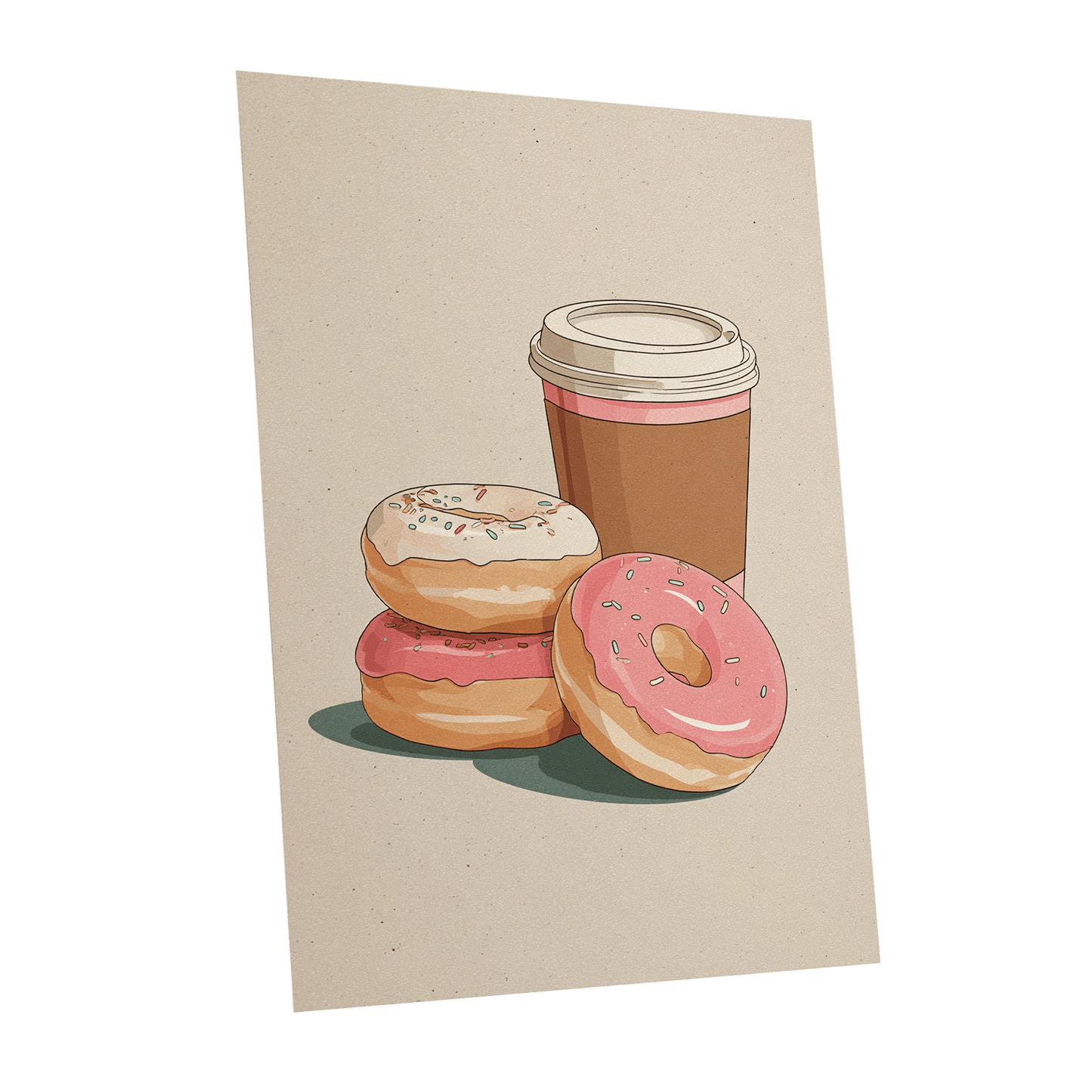 Coffee & Doughnuts, beige, brown, pink minimalist wall art shown as a unframed poster wall art print