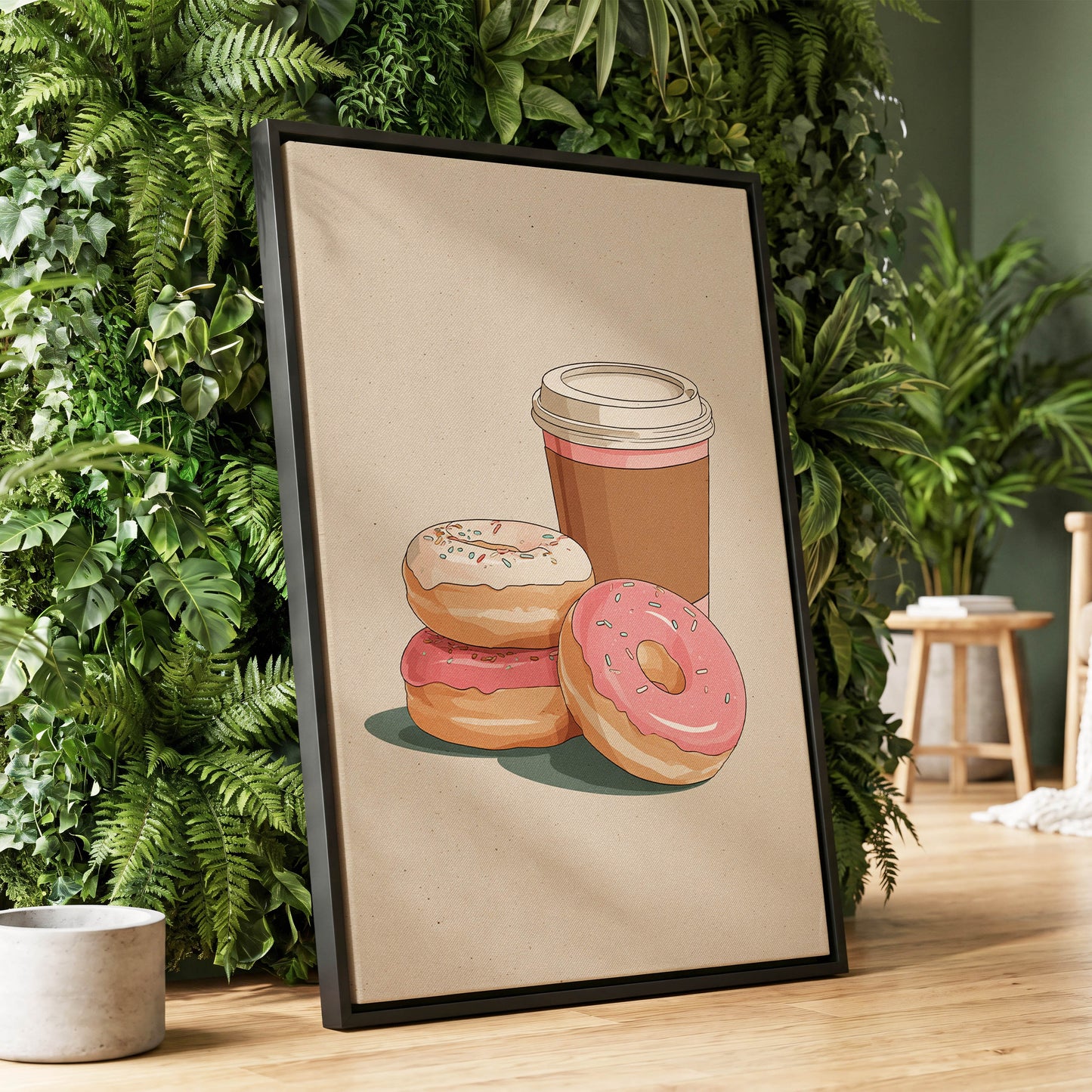 Coffee & Doughnuts, beige, brown, pink minimalist wall art displayed in a styled interior, gallery view 1