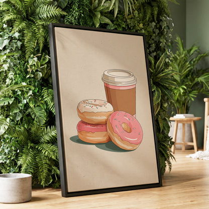 Coffee & Doughnuts, beige, brown, pink minimalist wall art displayed in a styled interior, gallery view 1