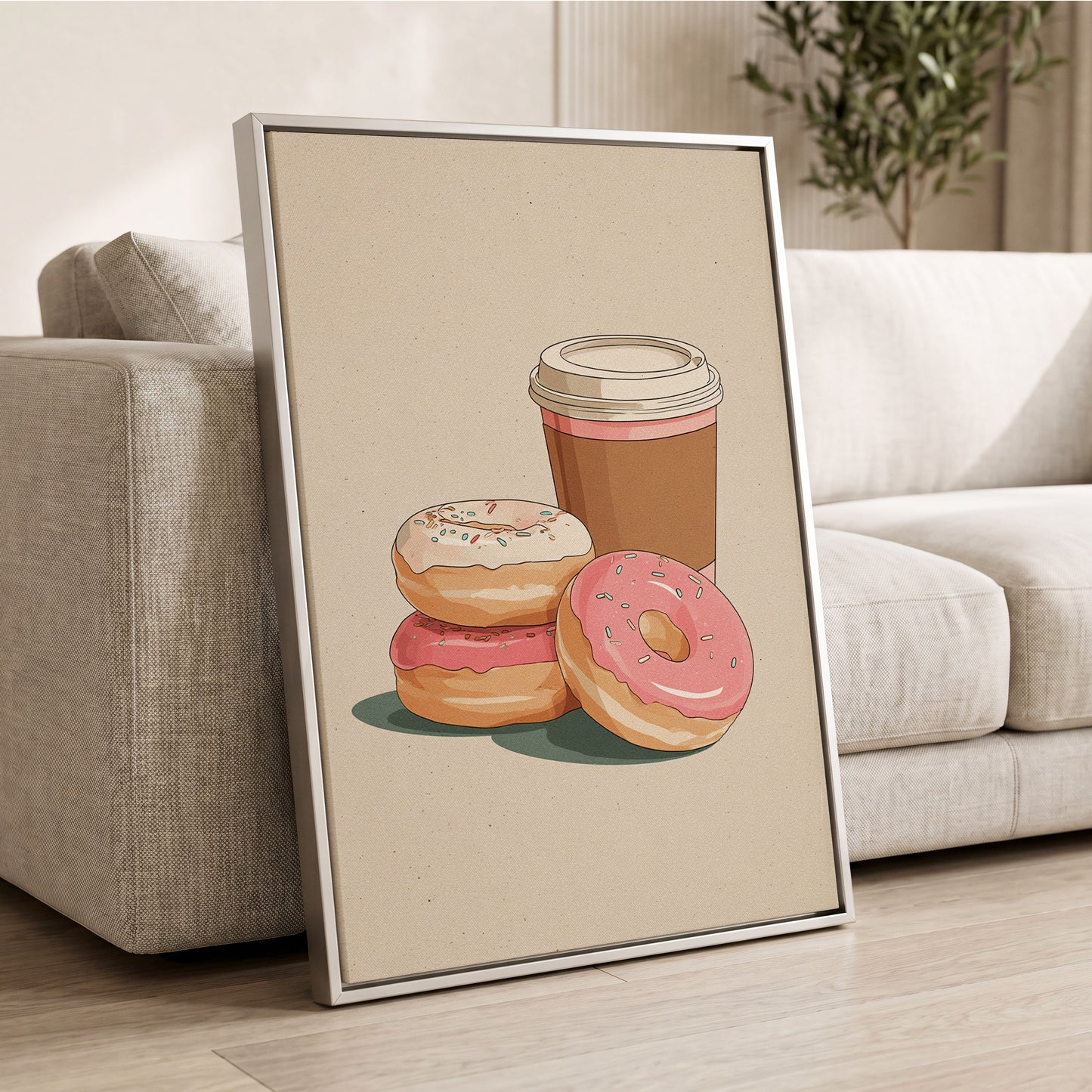 Coffee & Doughnuts, beige, brown, pink minimalist wall art displayed in a styled interior, gallery view 2