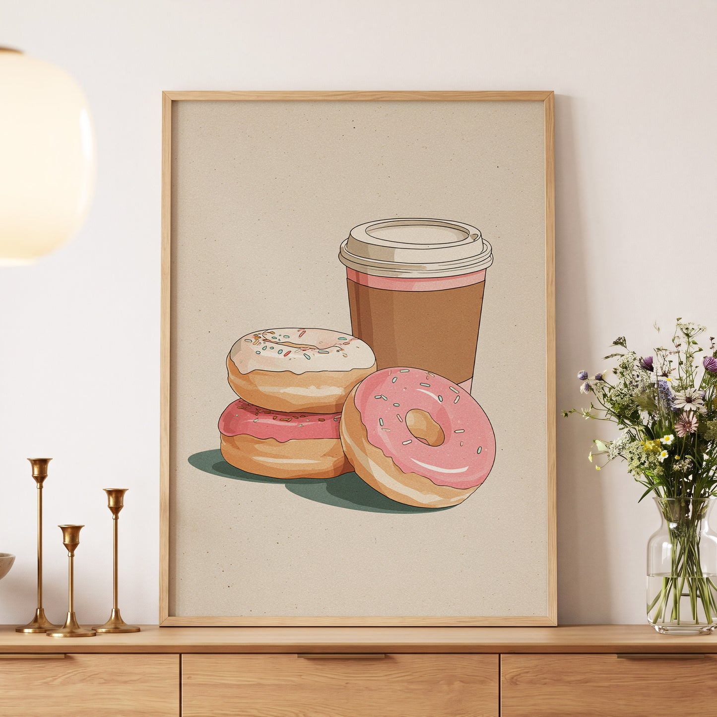Coffee & Doughnuts, beige, brown, pink minimalist wall art displayed in a styled interior, gallery view 4