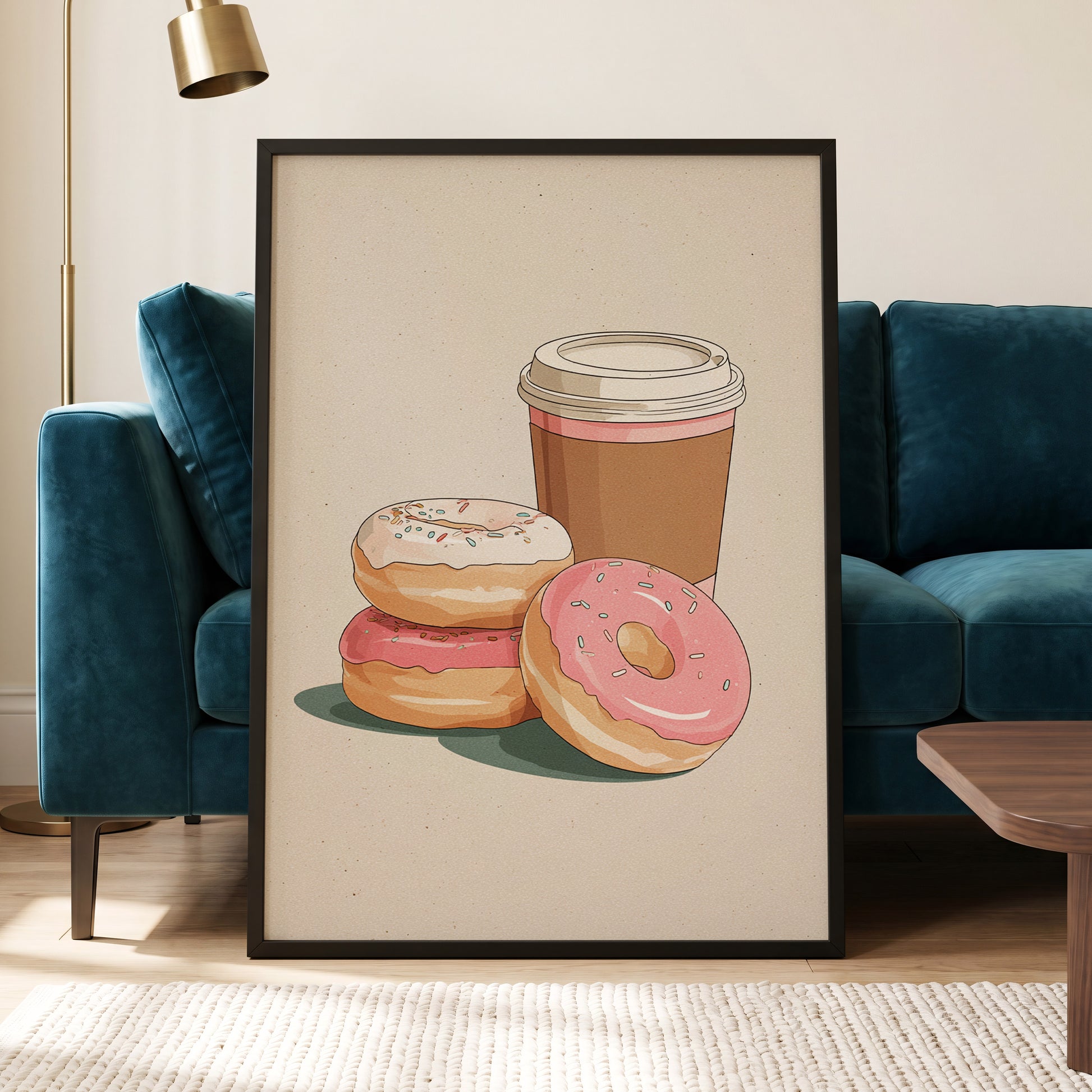 Coffee & Doughnuts, beige, brown, pink minimalist wall art displayed in a styled interior, gallery view 5