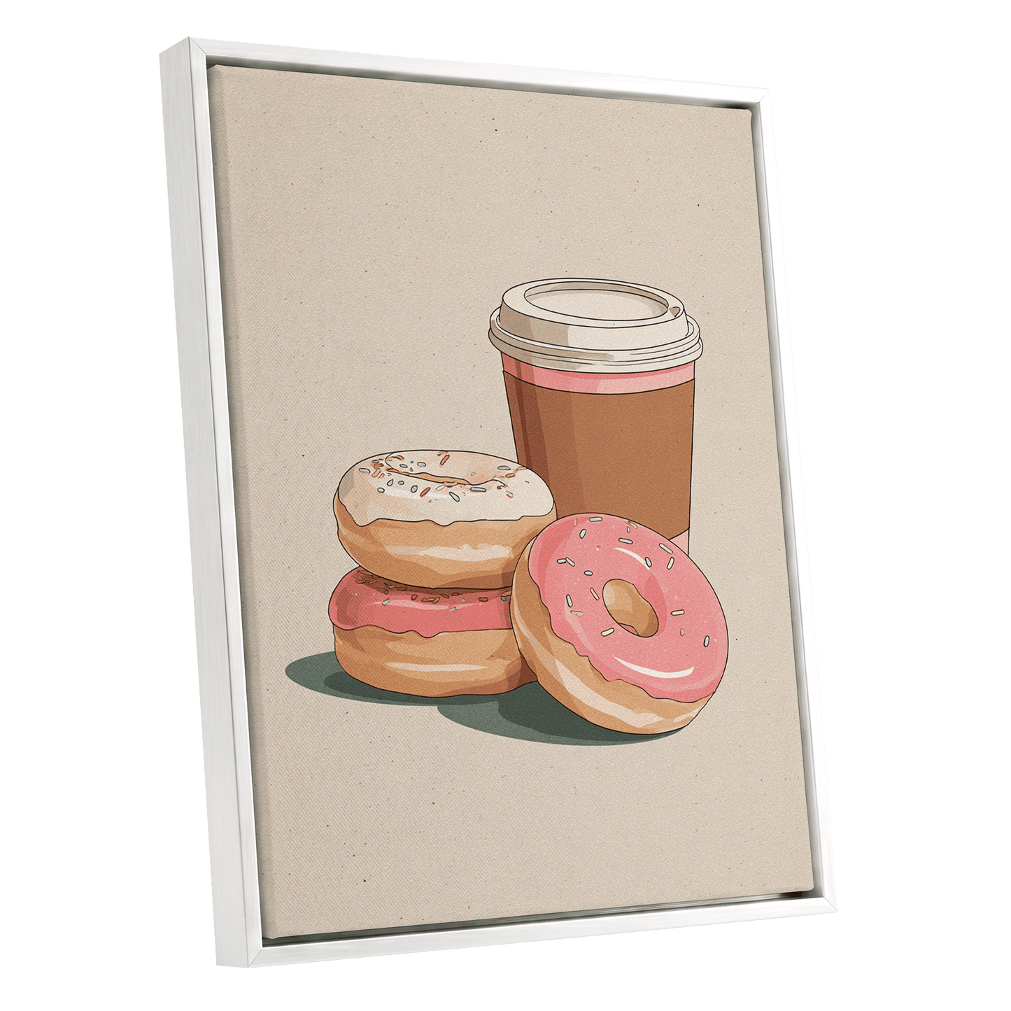 Coffee & Doughnuts, beige, brown, pink minimalist wall art shown as a white framed canvas wall art