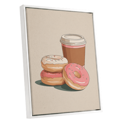 Coffee & Doughnuts, beige, brown, pink minimalist wall art shown as a white framed canvas wall art