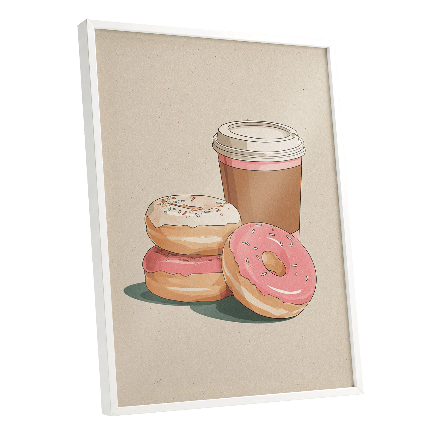 Coffee & Doughnuts, beige, brown, pink minimalist wall art shown as a white framed poster wall art print