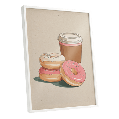 Coffee & Doughnuts, beige, brown, pink minimalist wall art shown as a white framed poster wall art print