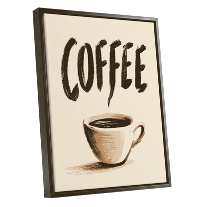 Coffee, Boldly, beige, brown, white minimalist wall art shown as a black framed canvas wall art