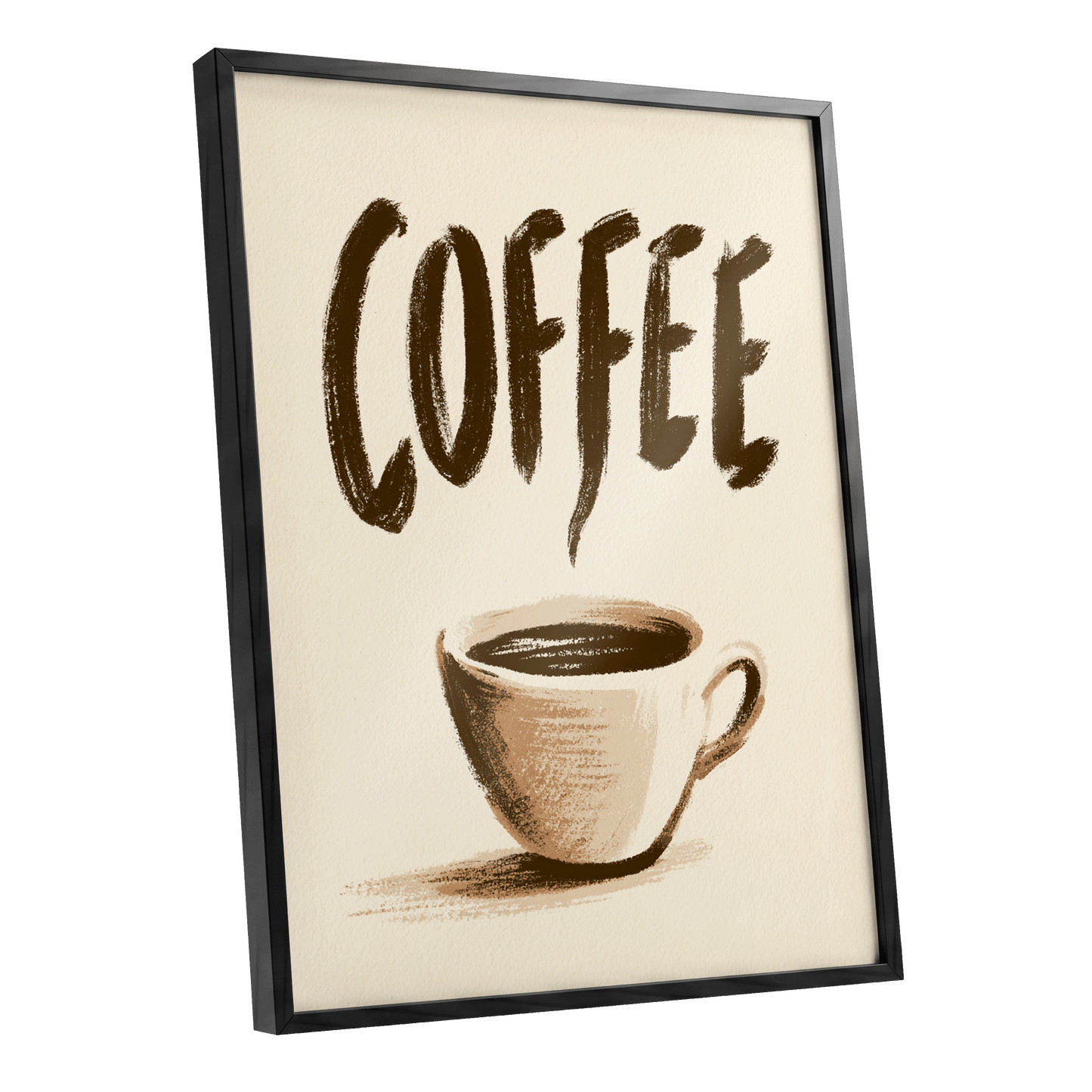 Coffee, Boldly, beige, brown, white minimalist wall art shown as a black framed poster wall art print