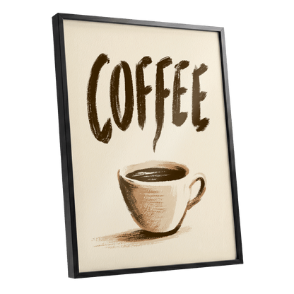 Coffee, Boldly, beige, brown, white minimalist wall art shown as a black framed poster wall art print