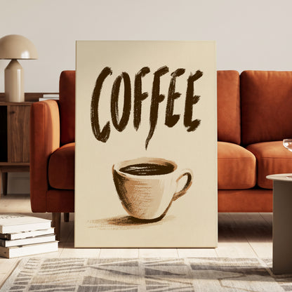 Coffee, Boldly, beige, brown, white minimalist wall art on canvas displayed in a styled interior, gallery view 1