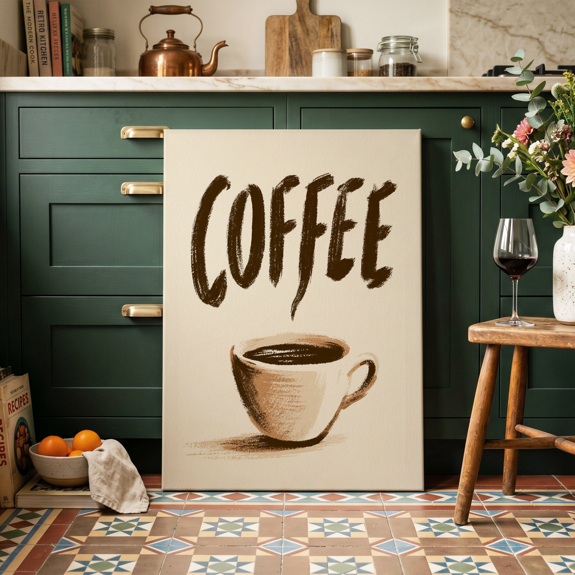 Coffee, Boldly, beige, brown, white minimalist wall art on canvas displayed in a styled interior, gallery view 2