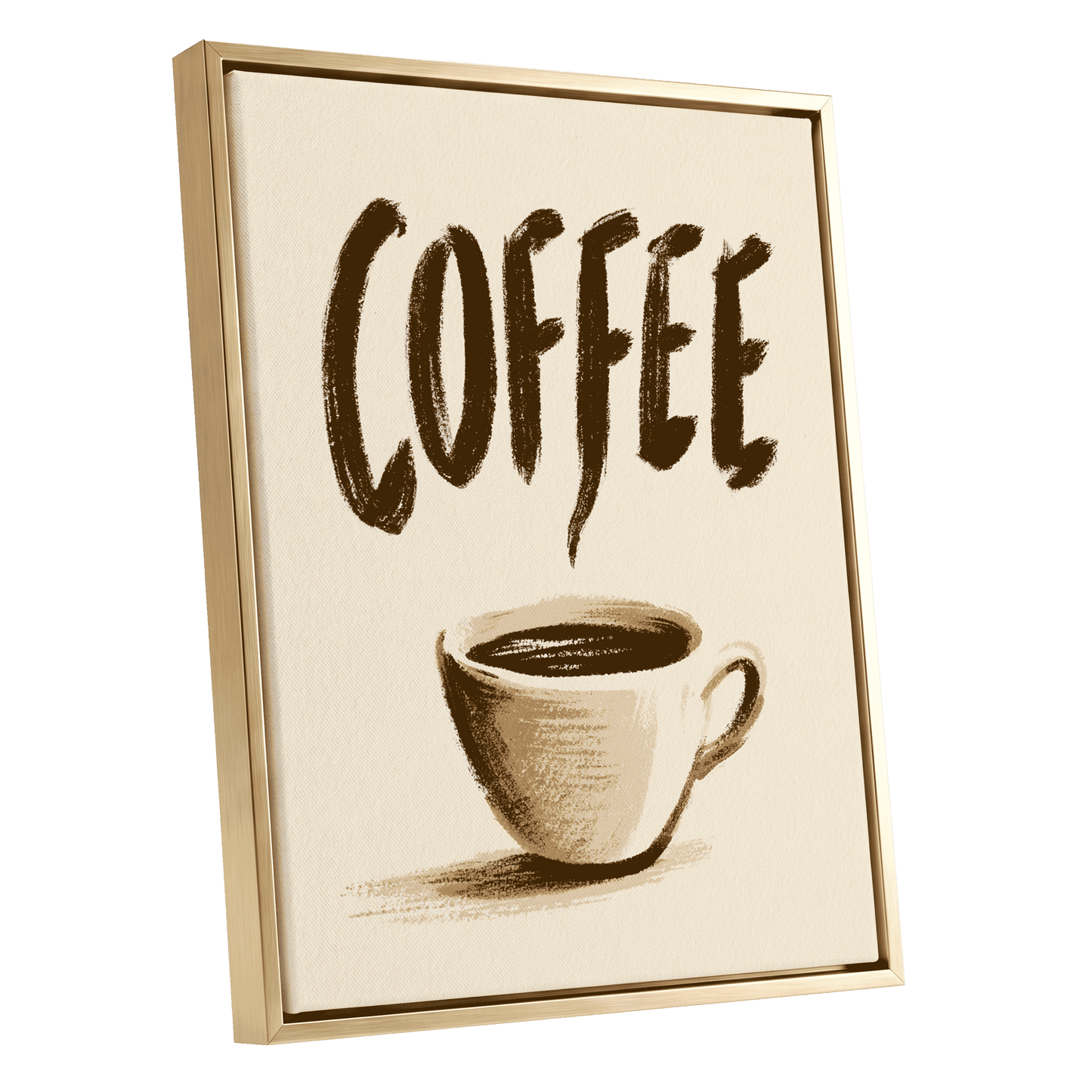 Coffee, Boldly, beige, brown, white minimalist wall art shown as a gold framed canvas wall art