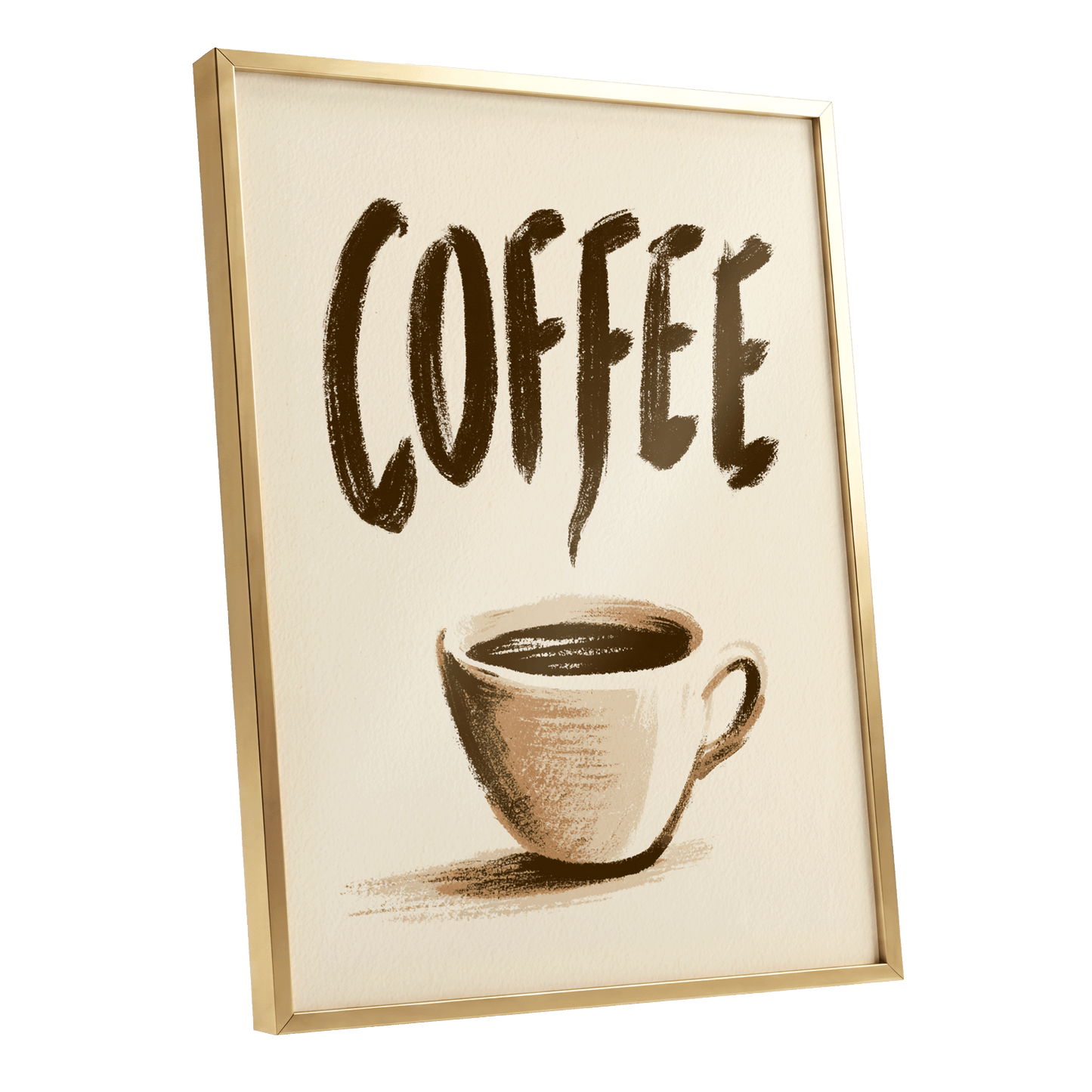 Coffee, Boldly, beige, brown, white minimalist wall art shown as a gold framed poster wall art print