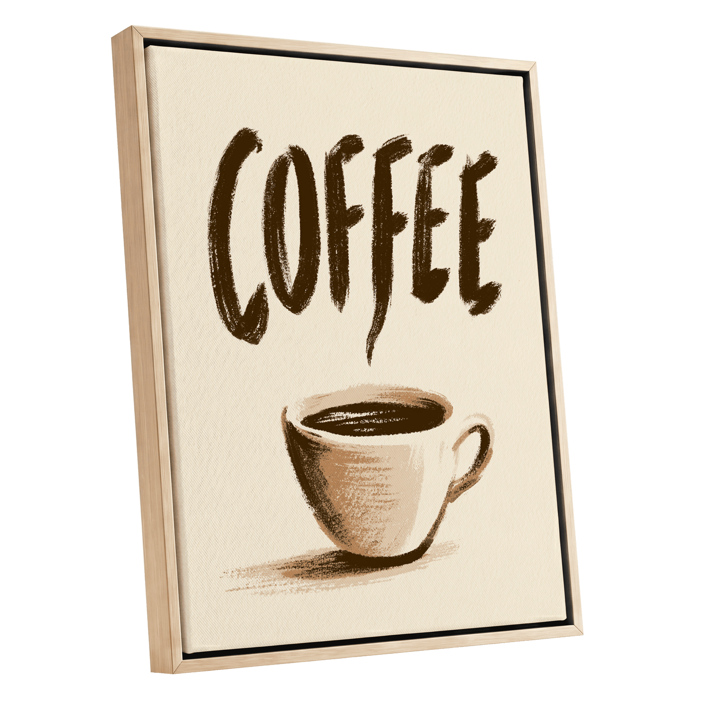 Coffee, Boldly, beige, brown, white minimalist wall art shown as a oak framed canvas wall art
