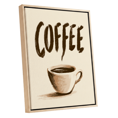 Coffee, Boldly, beige, brown, white minimalist wall art shown as a oak framed canvas wall art