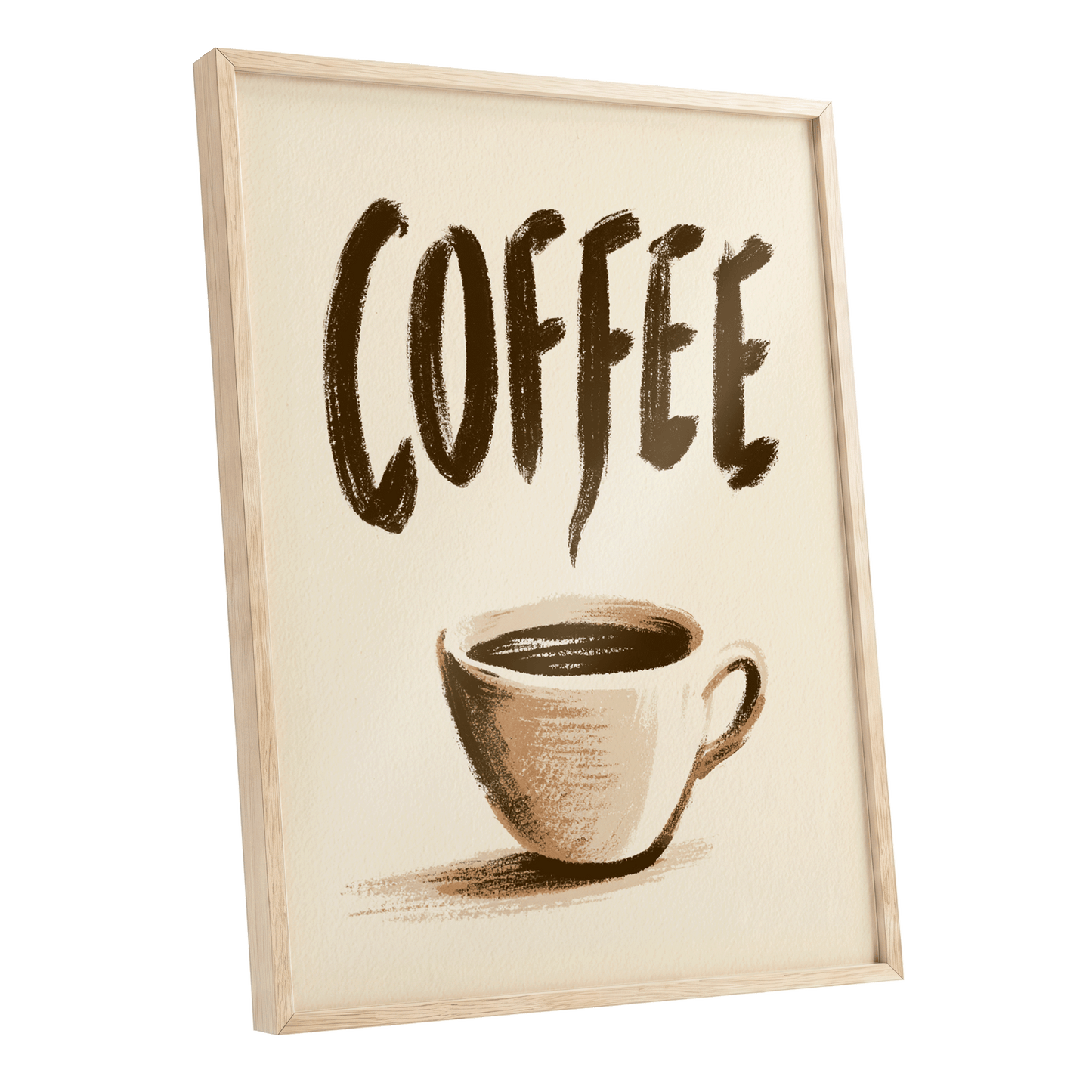 Coffee, Boldly, beige, brown, white minimalist wall art shown as a oak framed poster wall art print