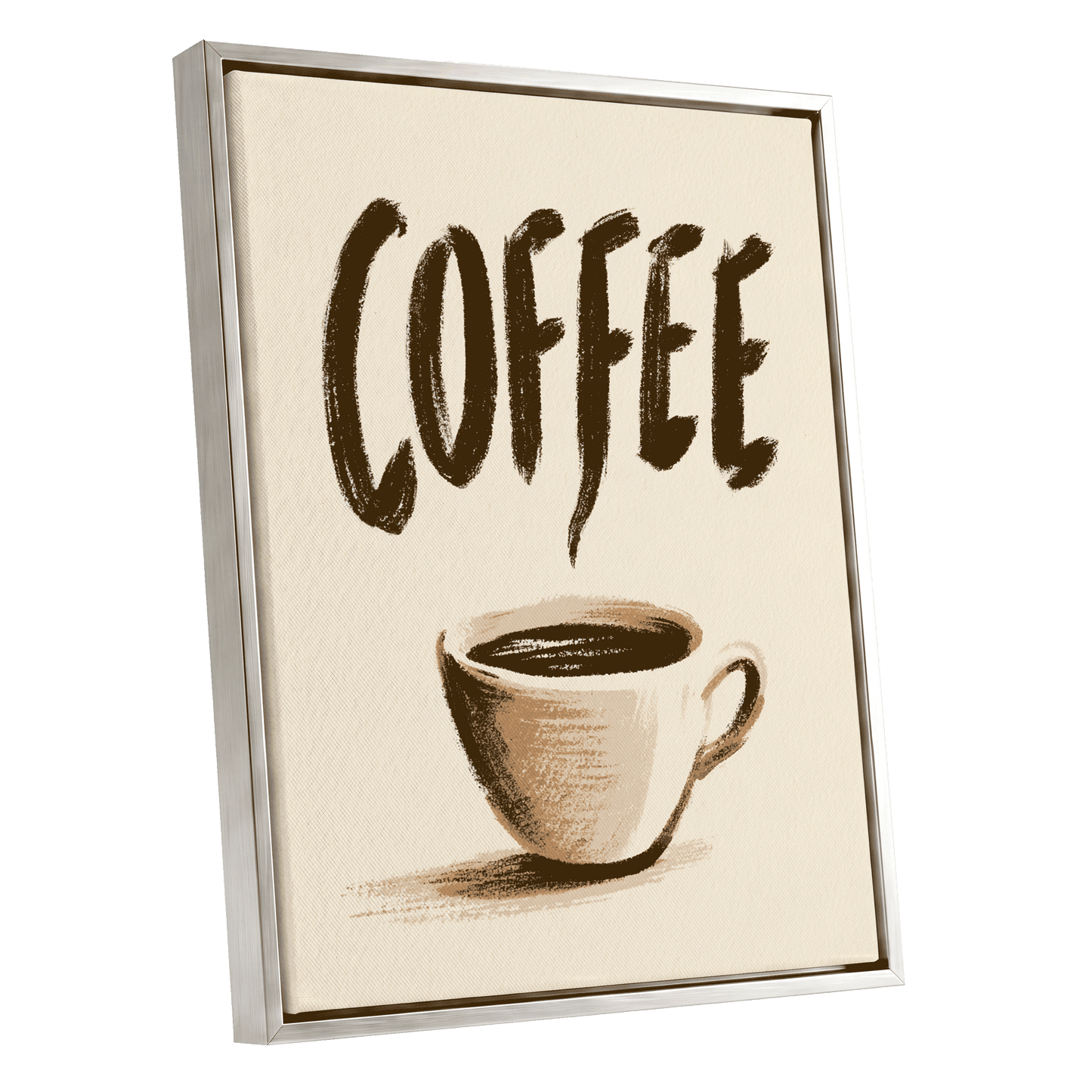 Coffee, Boldly, beige, brown, white minimalist wall art shown as a silver framed canvas wall art