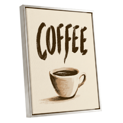 Coffee, Boldly, beige, brown, white minimalist wall art shown as a silver framed canvas wall art
