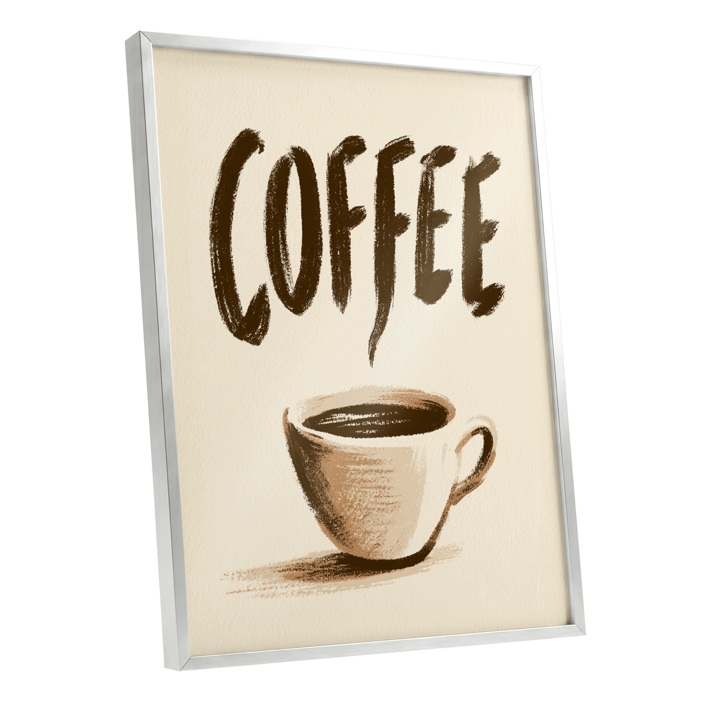 Coffee, Boldly, beige, brown, white minimalist wall art shown as a silver framed poster wall art print