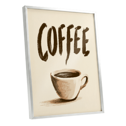 Coffee, Boldly, beige, brown, white minimalist wall art shown as a silver framed poster wall art print