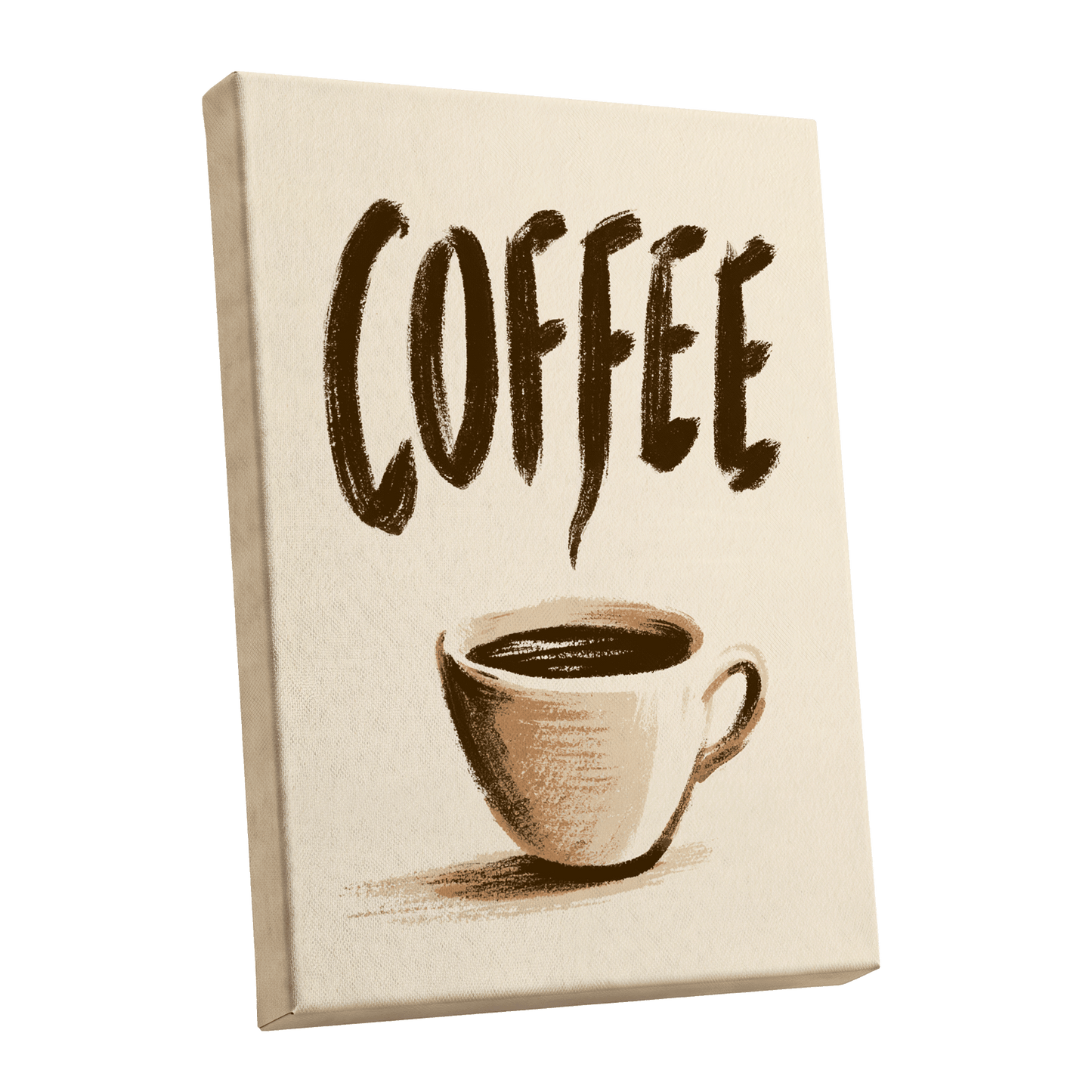 Coffee, Boldly, beige, brown, white minimalist wall art shown as a stretched canvas wall art