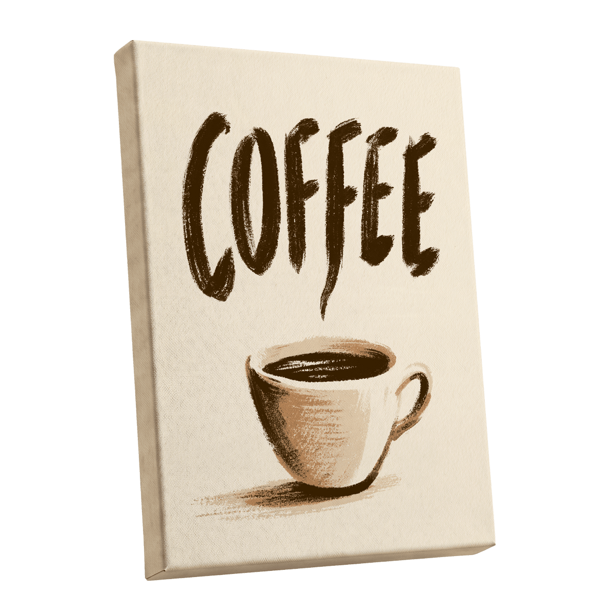 Coffee, Boldly, beige, brown, white minimalist wall art shown as a stretched canvas wall art