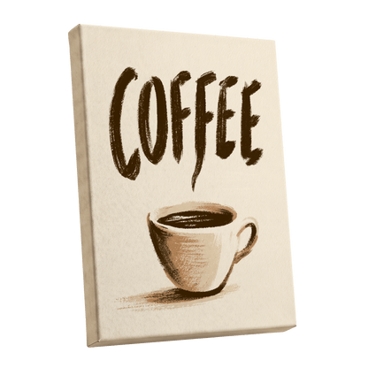 Coffee, Boldly, beige, brown, white minimalist wall art shown as a stretched canvas wall art