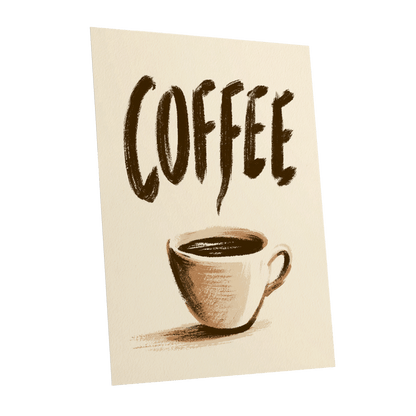 Coffee, Boldly, beige, brown, white minimalist wall art shown as a unframed poster wall art print