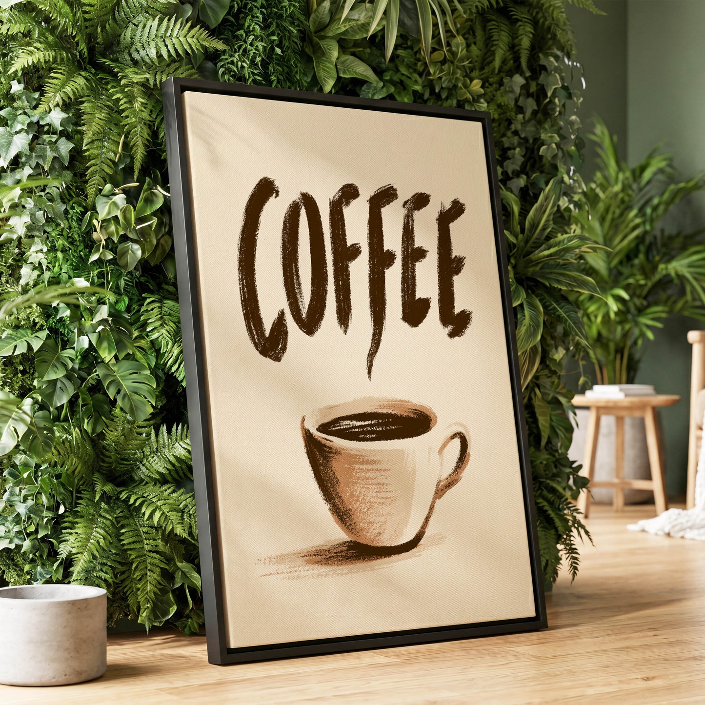 Coffee, Boldly, beige, brown, white minimalist wall art displayed in a styled interior, gallery view 1