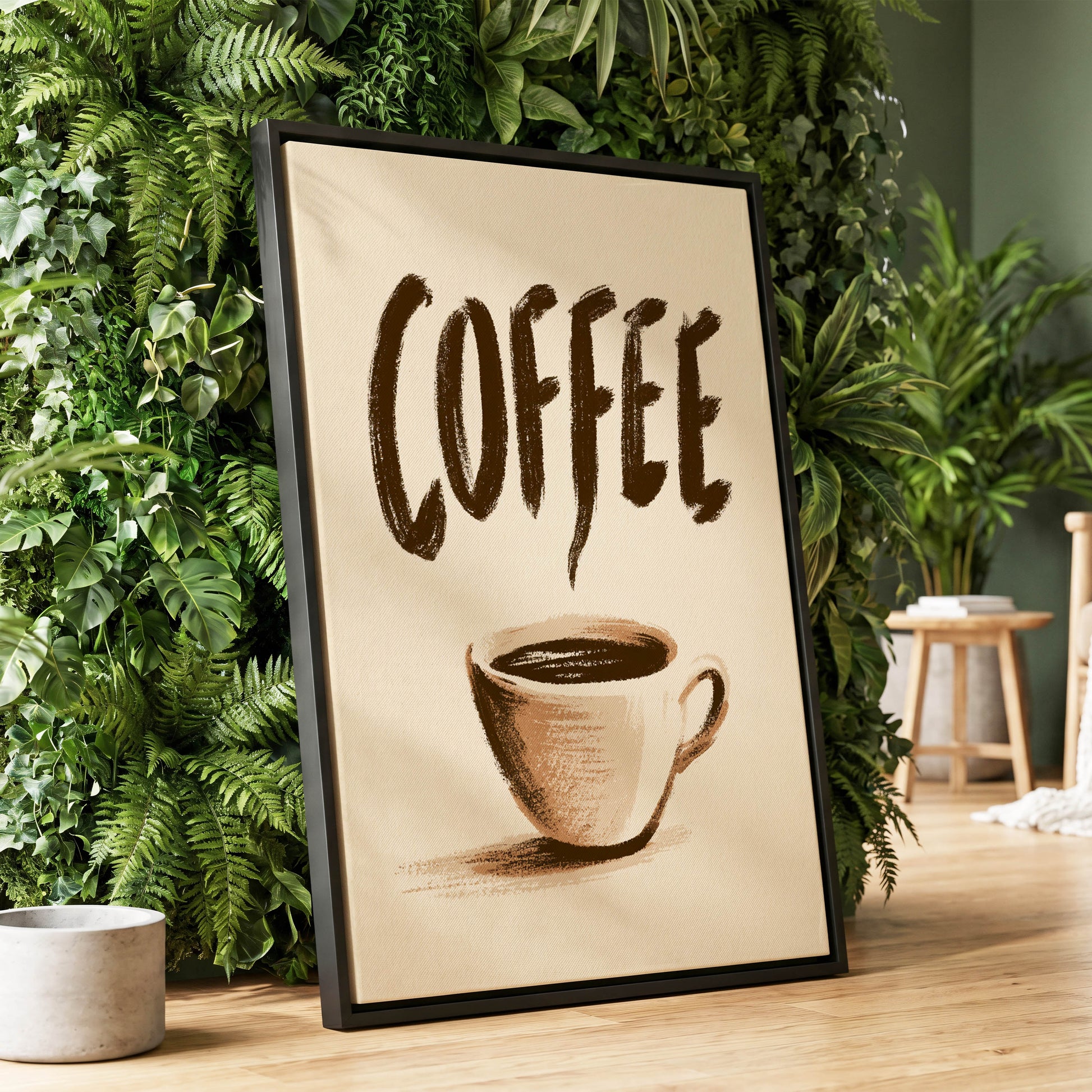 Coffee, Boldly, beige, brown, white minimalist wall art displayed in a styled interior, gallery view 1