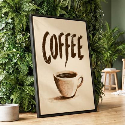 Coffee, Boldly, beige, brown, white minimalist wall art displayed in a styled interior, gallery view 1
